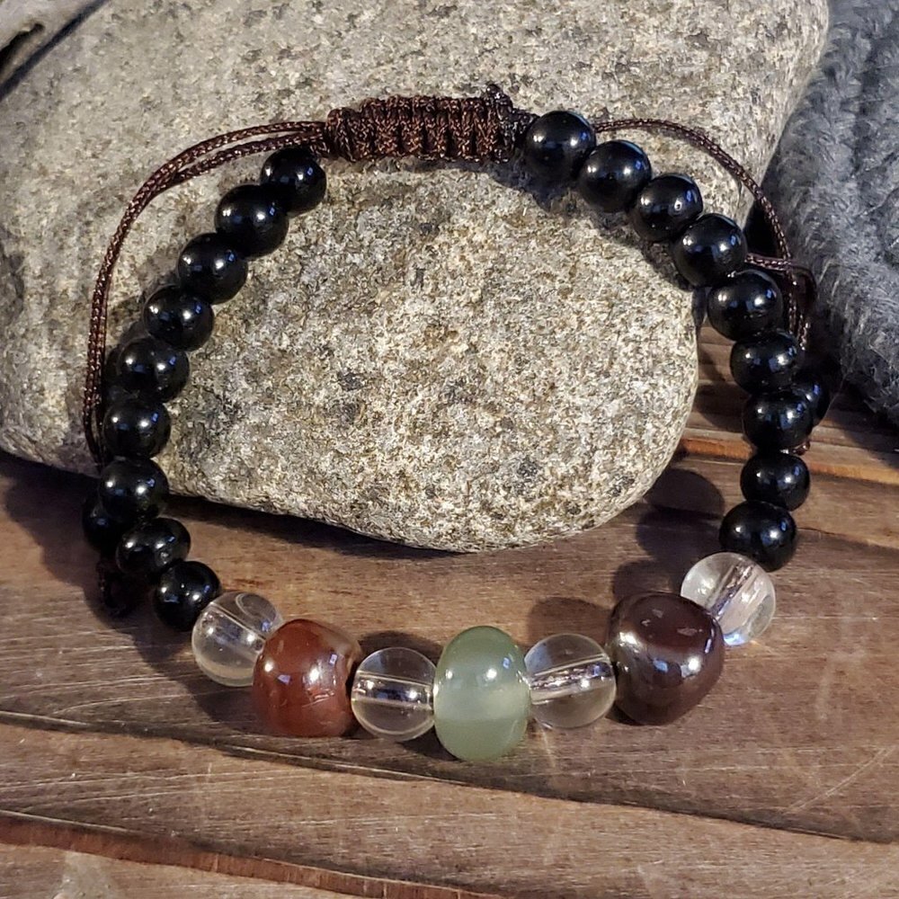 Tibetan Green Red Agate Black Beads Bracelet